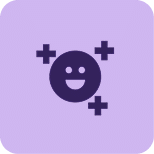 Icono morado de una cara sonriente rodeada de tres signos de más, simbolizando positividad, mejora continua y bienestar.