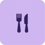 Icono de cubiertos que muestra la silueta morada de un tenedor y un cuchillo, utilizado frecuentemente para representar menús, recetas y la industria de restaurantes.