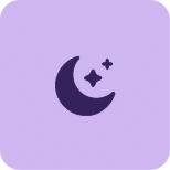 Icono morado de luna creciente y dos estrellas sobre fondo lila, simbolizando el modo nocturno, descanso o configuración de tema oscuro en una interfaz de usuario.