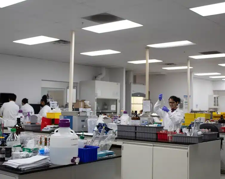 Home 8 Stem Cells Una investigadora sonriente en bata de laboratorio y guantes azules examina una muestra con una pipeta en un laboratorio científico activo, rodeada de colegas y equipo de análisis.