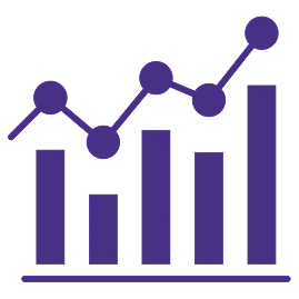 Gráfico de barras e icono de línea ascendente en color morado, representando análisis de datos, crecimiento financiero y estadísticas de rendimiento.